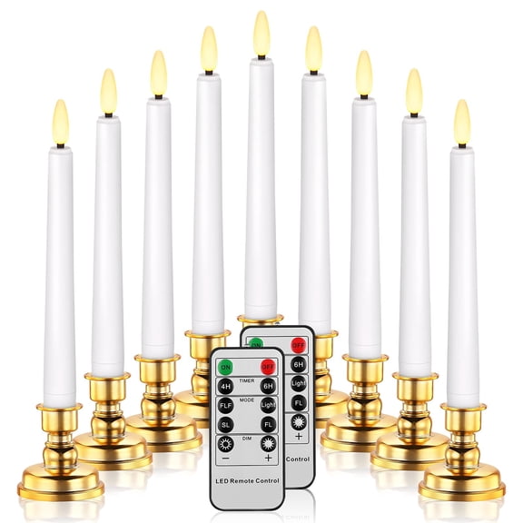 Daord LED Christmas Window Candle with 2 Remotes Operated Flameless Taper Candles Warm Light Flickering and Timer for Wedding Party Holiday Home Table Decoration (9 Packs,White+Gold Holder) Y101