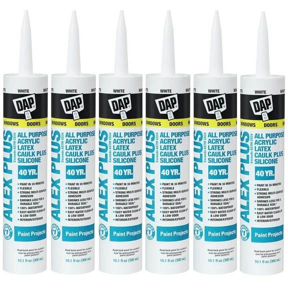Dap 18152 10.1oz Alex Plus Acrylic Latex Caulk with Silicone, White, 6 Pack