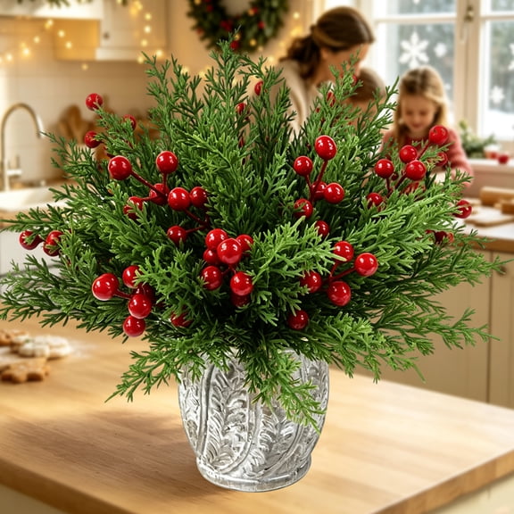 Christmas Norfolk Pine Stems with Red Berries, 10.5" Faux Norfolk Pine Greenery Stems for DIY Wreath, Garland, Vase Filler, Holiday Home Decor