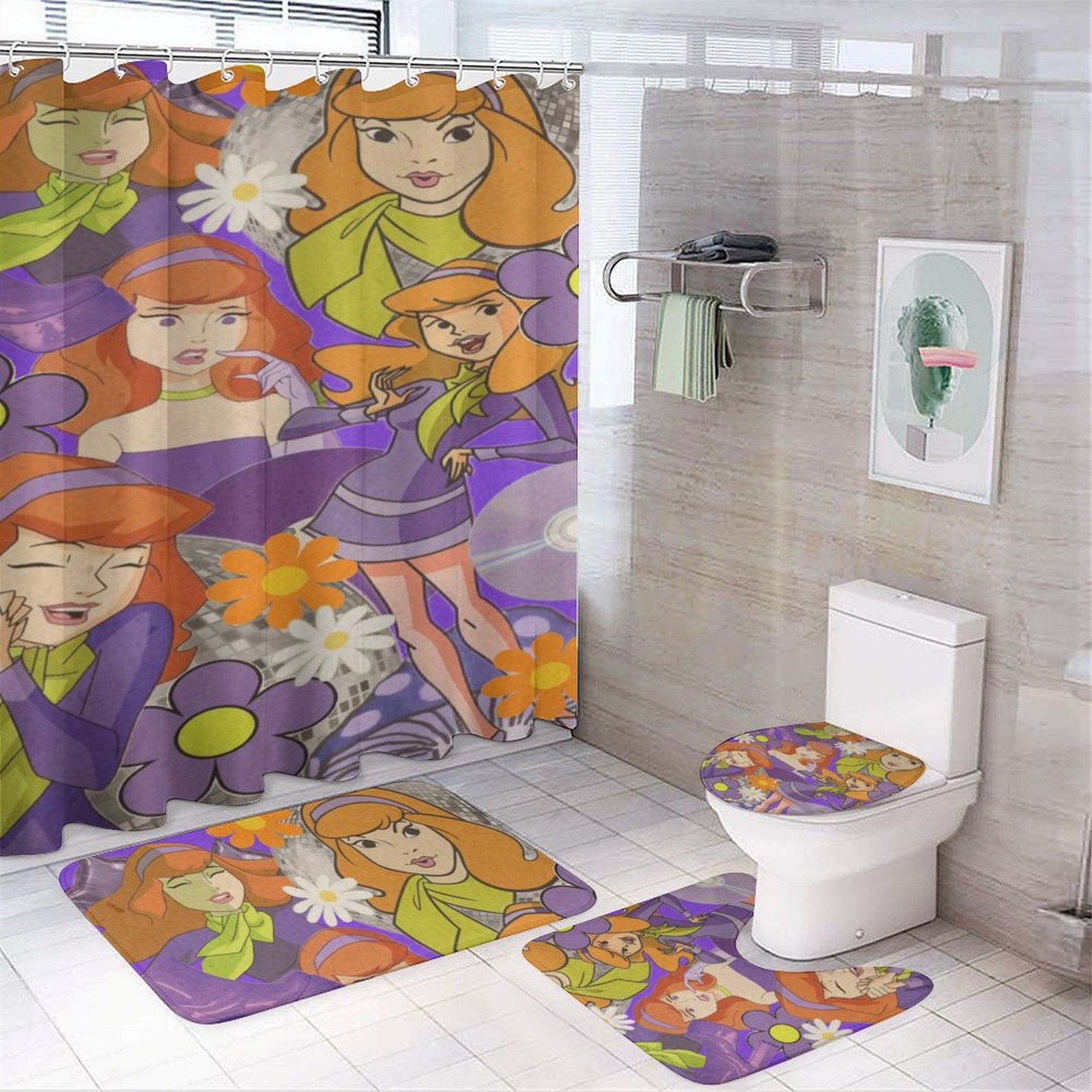 Bathroom 4-Piece Set - Shower Curtain, Toilet Lid Cover, U-Shape & Rectangle Mats, Non-Slip & Waterproof