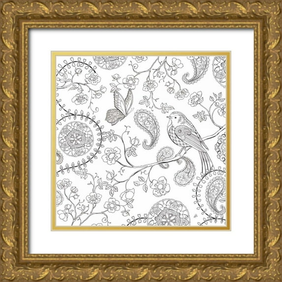 Daphne, Brissonnet 15x15 Gold Ornate Wood Framed with Double Matting Museum Art Print Titled - Color My World Bird Paisley square