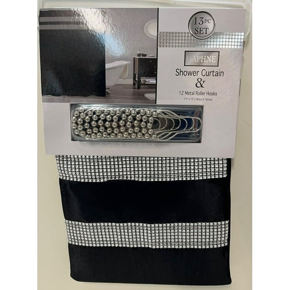 Daphne Fabric Shower Curtain with 12 Metal Roller Hooks, Silver Metallic Border, Black
