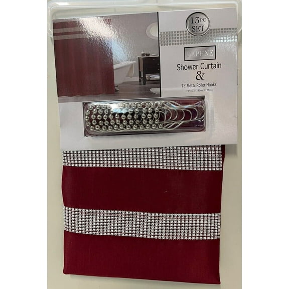 Daphne Fabric Shower Curtain with 12 Metal Roller Hooks, Silver Metallic Border, Burgundy
