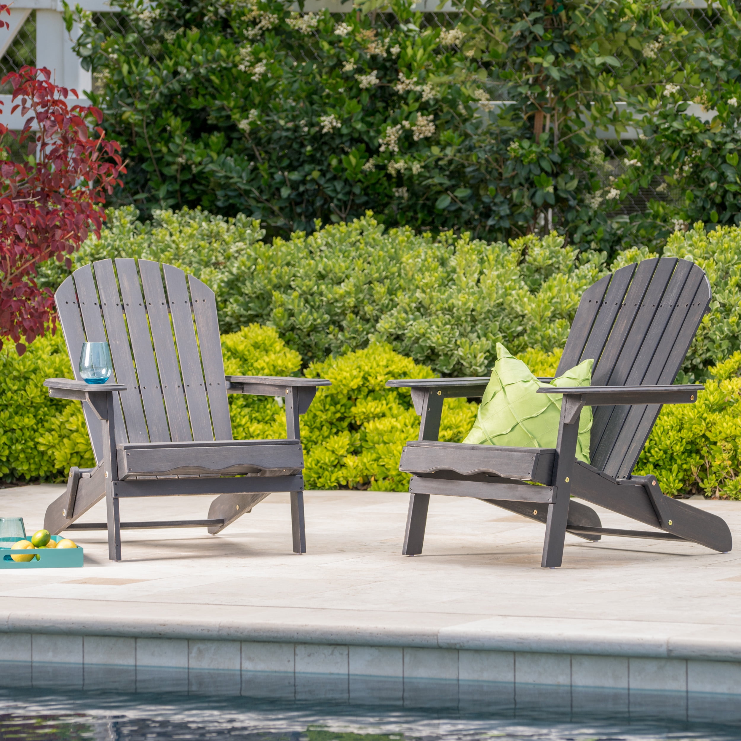 Daphne Outdoor Rustic Acacia Wood Folding Adirondack Chair (Set of 2), Dark Gray