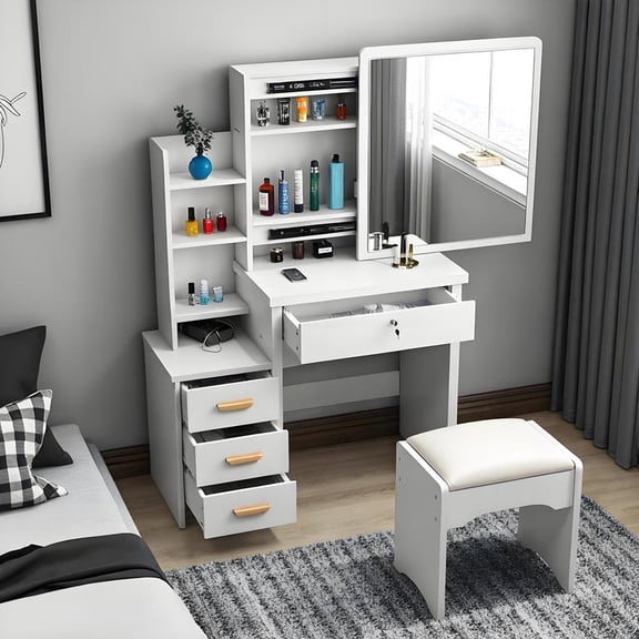 Dapmiu 31.5" x 14.6" x 52" Vanity Desk with Locked Drawers, Sliding LED Mirror, 3 Color Lights, Eco-Friendly Plate Makeup Table
