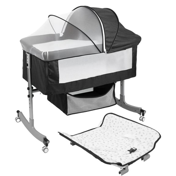 Dapmiu 4-in-1 Convertible Baby Crib, Bedside Sleeper with Changing Table, 6-Level Height Adjustable, Rocking Crib, Silent Wheels, Storage Basket, Mosquito Net, for Newborn to 24 Months,black