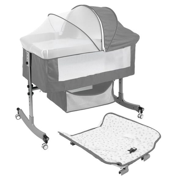 Dapmiu 4-in-1 Convertible Baby Crib, Bedside Sleeper with Changing Table, 6-Level Height Adjustable, Rocking Crib, Silent Wheels, Storage Basket, Mosquito Net, for Newborn to 24 Months,Ash Gray