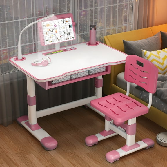 Dapmiu Adjustable Desk Set with LED Light - Tiltable Reading Stand & Spine Support Chair, Perfect Gift for 3-18 Years Old (Pink)