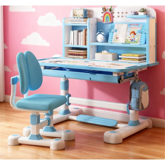Dapmiu Adjustable Height Desk Chair for Kids 3-18, Scientific Storage with Bookstand & Hooks Blue