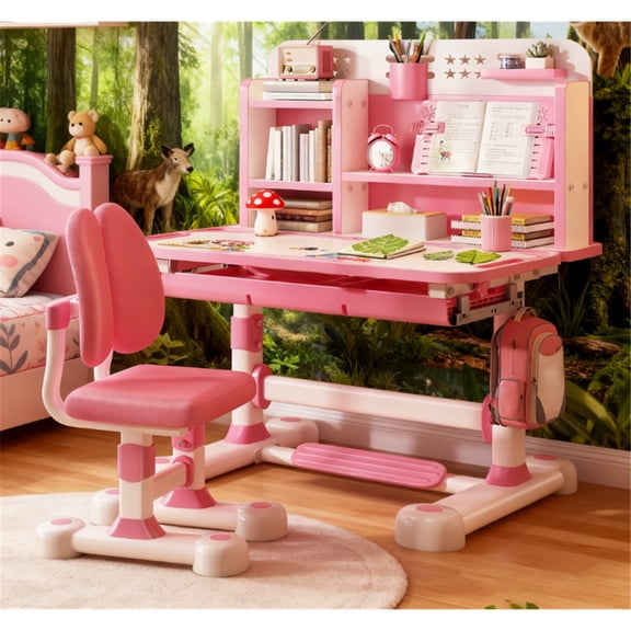 Dapmiu Adjustable Height Kids Desk Chair for Ages 3-18, Scientific Storage Design for Tidiness Pink