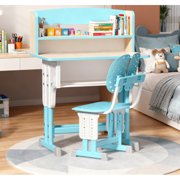 Dapmiu Adjustable Home Study Desk Chair for Kids, Drawer & Backpack Hooks, Sturdy MDF Top Blue