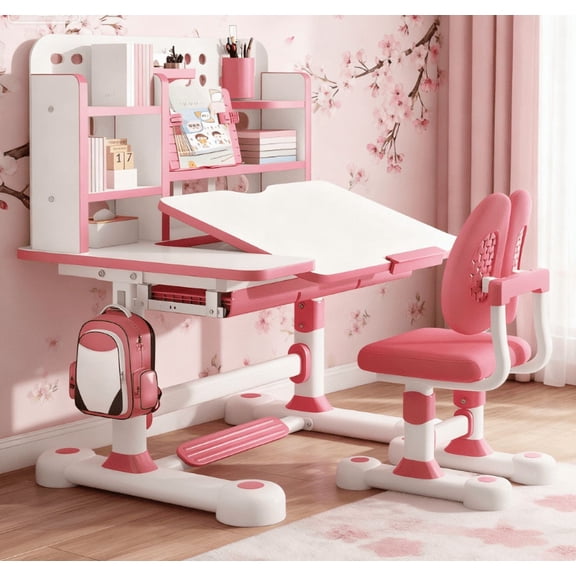 Dapmiu Ergonomic Kids Study Desk Chair Set, Tilt Desktop Reduces Neck Strain, Promotes Proper Posture Pink