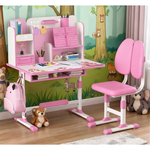 Dapmiu Adjustable Kids Study Desk Chair (Ages 3-18), Dual Back Support Design for Spinal Health Protection Pink