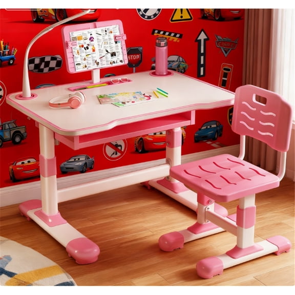 Dapmiu Adjustable Kids Study Desk Chair (Desk H:62-73cm), Large Desktop, Perfect Gift Choice Pink
