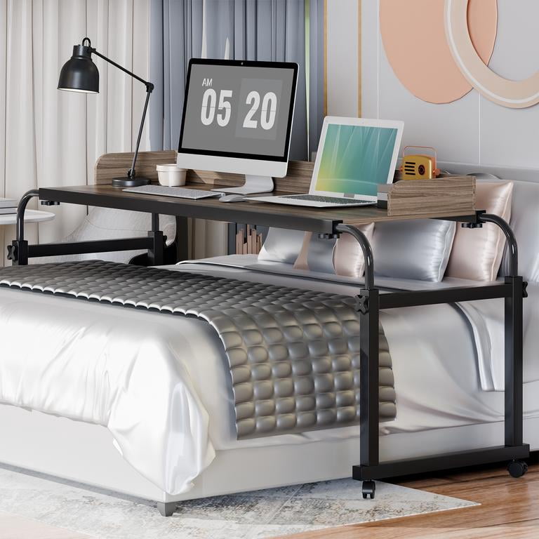 Overbed Table Set Dapmiu Adjustable Overbed Table with Wheels & Cup Holder, Natural Wood ...