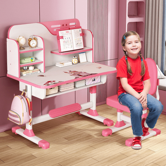Dapmiu Astronaut Study Desk and Chair Set, Adjustable Height for 3-18 Years, 660LBS Capacity, Vision Protection, Pink