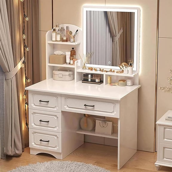 Dapmiu European Style Lighted Dressing Table, 4 Drawers & 6 Open Shelves Wooden Vanity with Adjustable LED Mirror, Easy Assembly