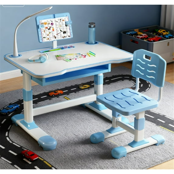 Dapmiu Grow-with-Kid Desk Chair Set, Height Adjusts with Age, Includes Tools & Eye-Care Lamp Blue