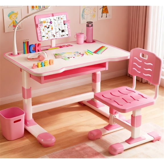 Dapmiu Height Adjustable Kids Desk Chair Set, Large Desktop for Study & Play, High Stability & Load-Bearing Pink