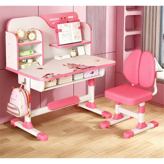 Dapmiu High-End Eco-Friendly Kids Study Desk Chair, 80CM Large Desktop, Diffuse Reflection Scratch-Resistant Layer Pink