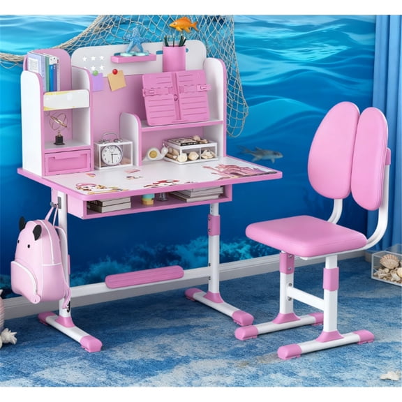 Dapmiu Kids Desk Chair Set with Scientific Storage, Sliding Drawer + Large Capacity Drawer for Habit Building Pink