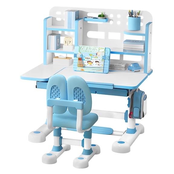Dapmiu Kids Study Desk and Chair Set, Adjustable Height & 0-50° Tilt Desktop, 119x80cm Large Writing Area with Storage Drawer, Fiberboard & Metal Frame, 300kg Load Capacity(blue)