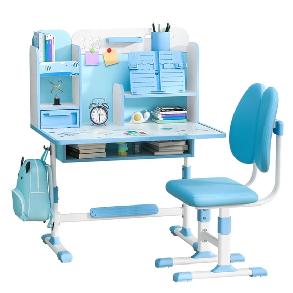 Dapmiu Kids Study Desk and Chair Set, Adjustable Height for 3-18 Years Old, 80cm Widened Desktop with Scientific Partition, Dual Back Support Chair, Bookstand & Drawer & Backpack Hooks(blue)