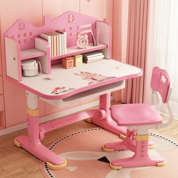 Dapmiu Kids Study Desk and Chair Set, Adjustable Height with Drawer & Cartoon Design, Ergonomic to Protect Vision and Spine, Suitable for Children 3-16 Years Old(pink)