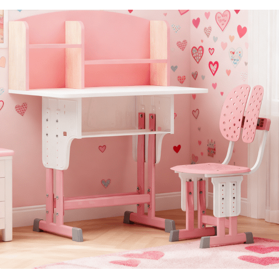 Dapmiu Kids Study Desk Chair Set, Scientific Storage, 28" Widened Desktop, Adjustable Height Pink