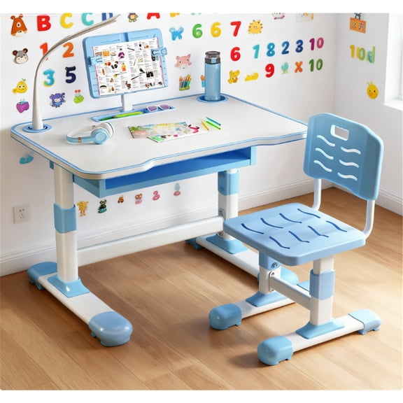 Dapmiu Kids Study Desk Chair Set with Free LED Light, Tiltable Book Stand Promotes Proper Reading Posture Blue