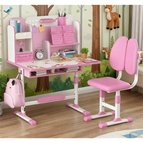 Dapmiu Kids Study Desk Set with Book Stand & Backpack Hooks, Footrest Design for Easier Reading & Learning Pink