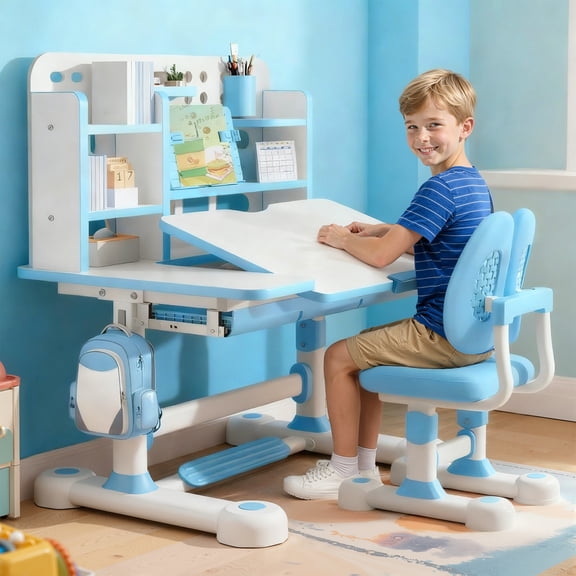 Dapmiu Kids Study Desk and Chair Set, 0-50 Angle Adjustable Desktop, 660LBS Weight Capacity, Height Adjustable for School-Age Children, Blue