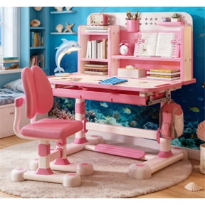 Dapmiu Kids Study Desk with Reading Bookstand, Footrest Reduces Fatigue & Improves Posture Pink