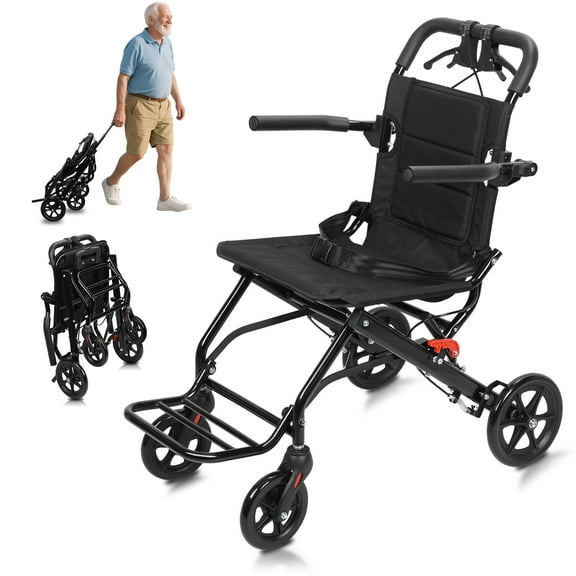 Dapmiu Lightweight Folding Transport Wheelchair 220lbs Capacity,Carbon Steel Frame Folds in Seconds,All-Terrain Large Wheels with Shock Absorbers,Adjustable Safety Belt & Wide Seat Cushion A