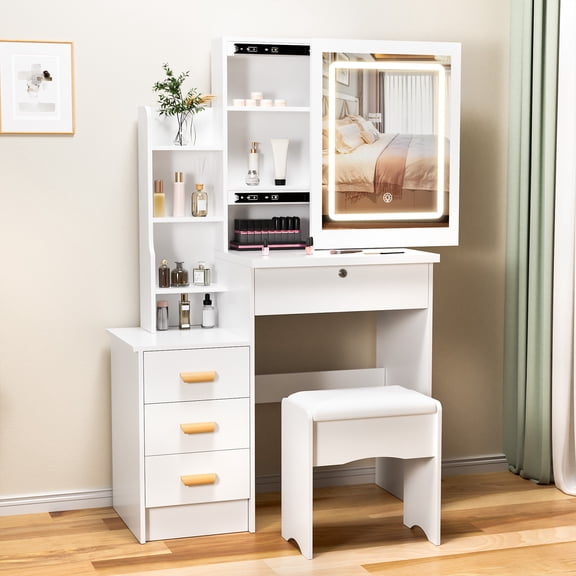 Dapmiu Modern Makeup Vanity with Lights, 4-Drawer Storage & Sliding Mirror, Easy Assembly Dressing Table
