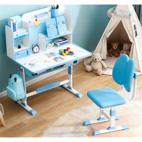 Dapmiu Multifunctional Kids Study Desk Set with Book Stand, Backpack Hooks & Footrest, Builds Organization Habits Blue