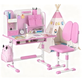 Dapmiu Multifunctional Kids Study Desk Set with Book Stand, Backpack Hooks & Footrest, Builds Organization Habits Pink