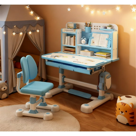 Dapmiu Multifunctional Kids Study Desk Set with Footrest & Star Schedule Board, Habit Building Blue