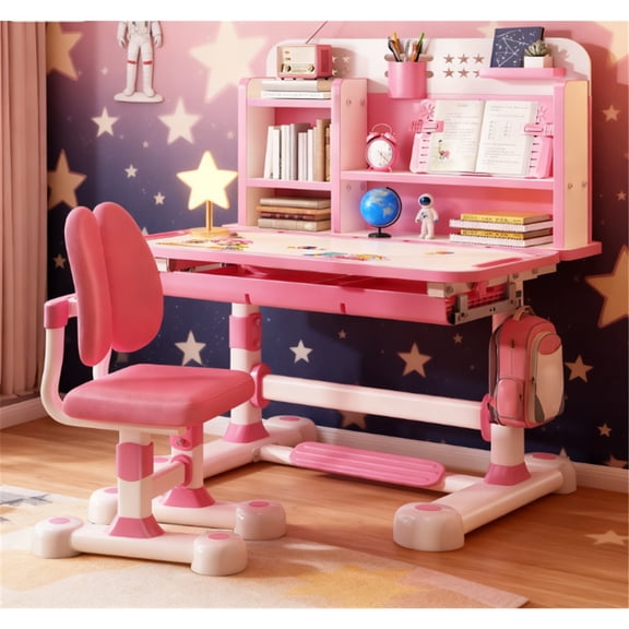 Dapmiu Multifunctional Kids Study Desk Set with Footrest & Star Schedule Board, Habit Building Pink
