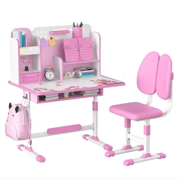Dapmiu Multifunctional Kids Study Desk with Sliding Drawer, Star Hole Schedule Board, Book Stand & Adjustable Chair, Steel Frame Construction Pink