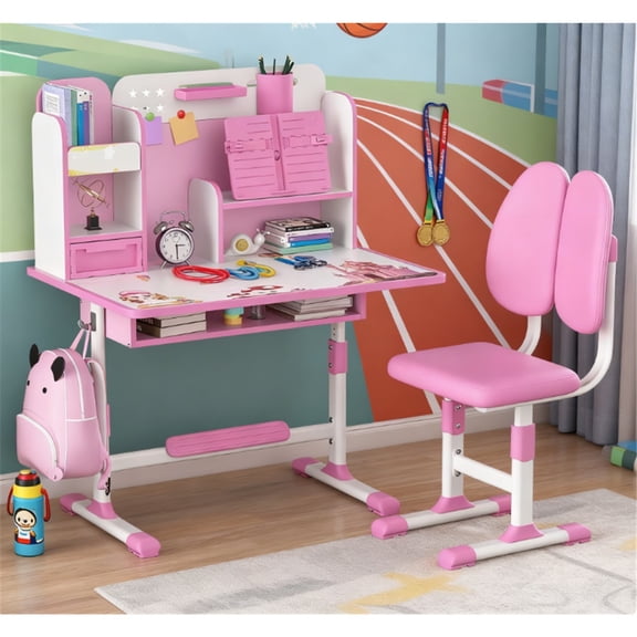 Dapmiu Multifunctional Kids Study Workstation with Schedule Holes, Hooks & Drawers, Suitable for Ages 3-18 Pink