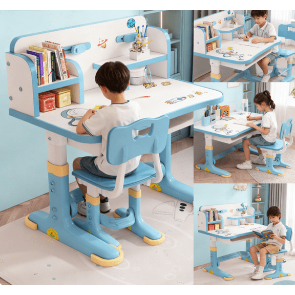 Dapmiu Multifunctional Lift-up Kids Desk Chair Set with Anti-slip Legs & Scientific Storage Compartments Blue