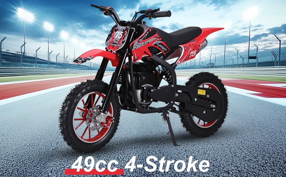 Dapmiu Safe Kids Off-Road Motorcycle 49CC - 4-Stroke Engine with Shock Absorption, 10" Tires & Aluminum Rims for Stability Red