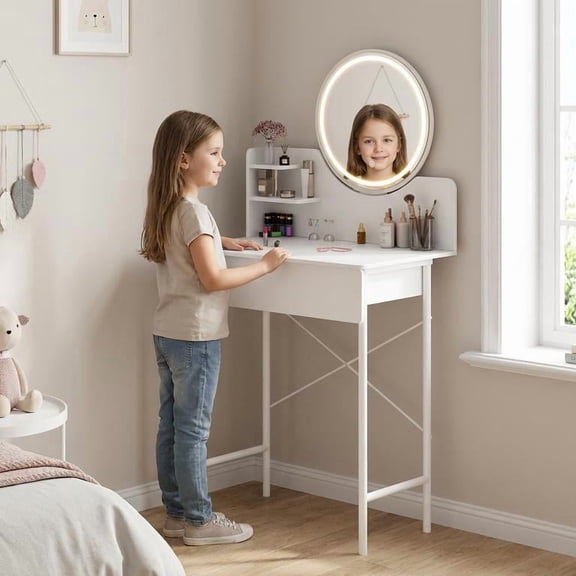 Dapmiu Simple Wooden Makeup Vanity with LED Lighted Mirror, 1 Drawer, 2 Open Shelves & Easy Assembly, Dressing Table for Bedroom & Bathroom