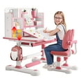 thumbnail image 1 of Dapmiu Study Desk & Chair Set - 0-50° Tiltable Desktop, 300kg Capacity & Adjustable Height, Large Writing Area with Storage Drawer (Pink), 1 of 8