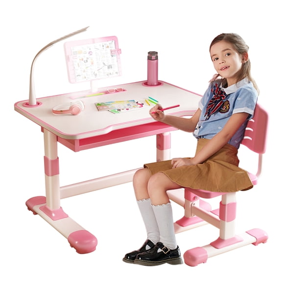 Dapmiu Study Desk and Chair Set with LED Lamp, Adjustable Height 3-18 Years, Tiltable Bookstand & Large Drawer, Pink