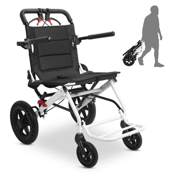 Dapmiu Travel Folding Wheelchair 120kg Capacity,Carbon Steel Frame Folds in 1 Second,Telescopic Handle & 12-inch PU Solid Wheels,20-inch Wide Seat with Adjustable Safety Belt,No Assembly Required M