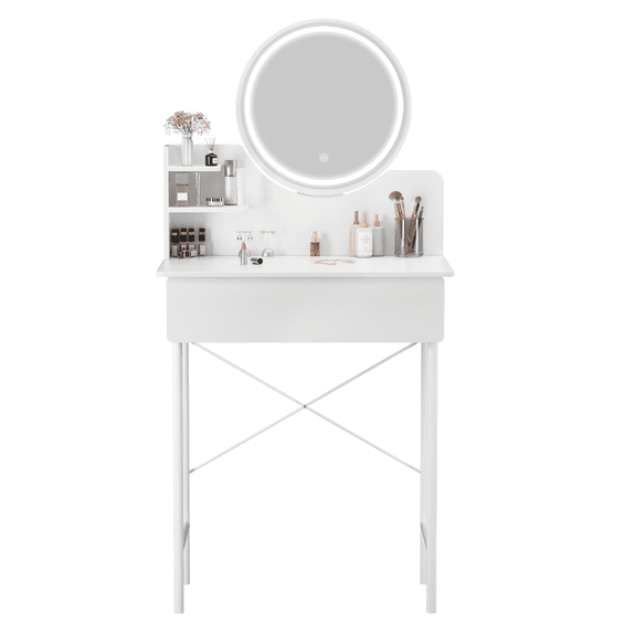 Dapmiu Vanity Table with Large LED Lighted Mirror, 1 Drawer and 2 Shelves, Minimalist Makeup Desk