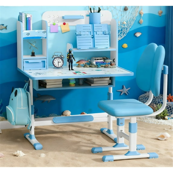 Dapmiu Widened Desktop Kids Study Desk Chair with Book Stand & Footrest, Ergonomic Dual Back Chair Blue