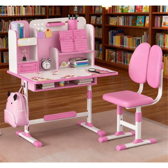 Dapmiu Widened Desktop Kids Study Desk Chair with Book Stand & Footrest, Ergonomic Dual Back Chair Pink